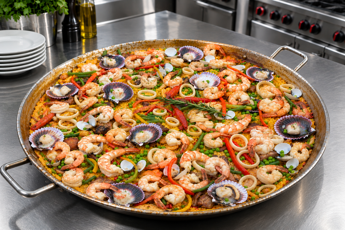 Paella gourmet servida en comedor elegancia boutique para celebraciones de cumpleaños y eventos especiales en casa.