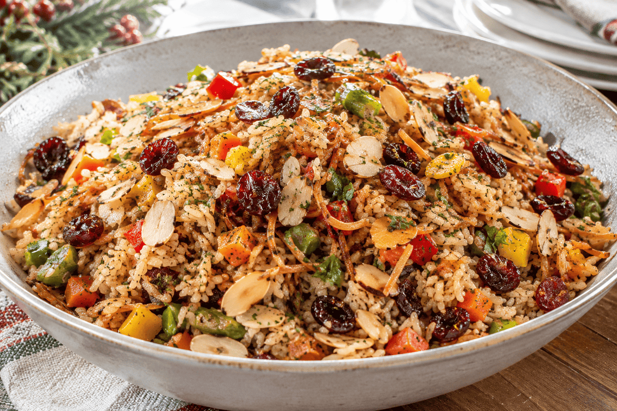 Arroz navideño gourmet con arándanos, almendras laminadas y fideos crujientes - ZeQueda Paellas Bogotá y Chía