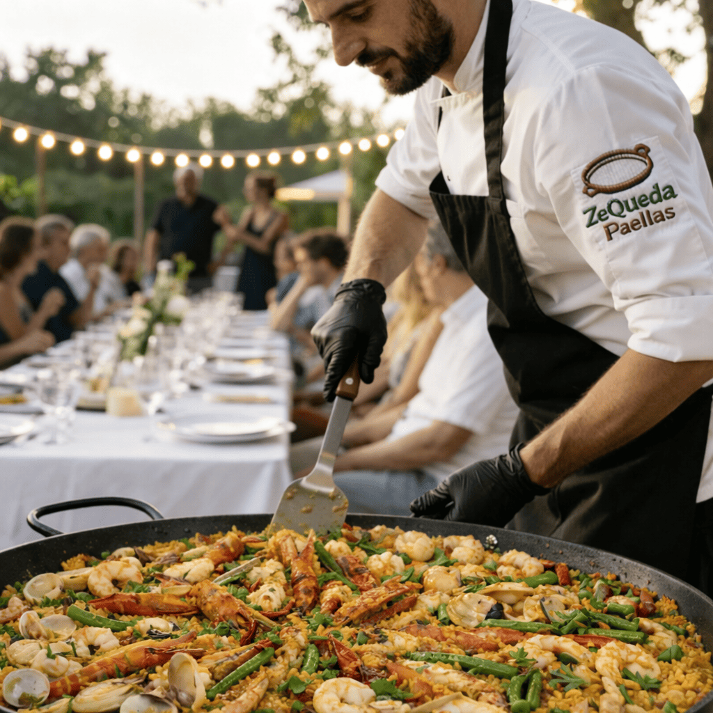 Chef profesional preparando paella Gourmet para el servicio de domicilios premium en Bogotá y Sabana Norte - ZeQueda Paellas