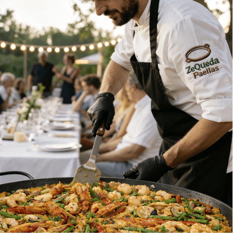 Chef profesional preparando paella Gourmet para el servicio de domicilios premium en Bogotá y Sabana Norte - ZeQueda Paellas