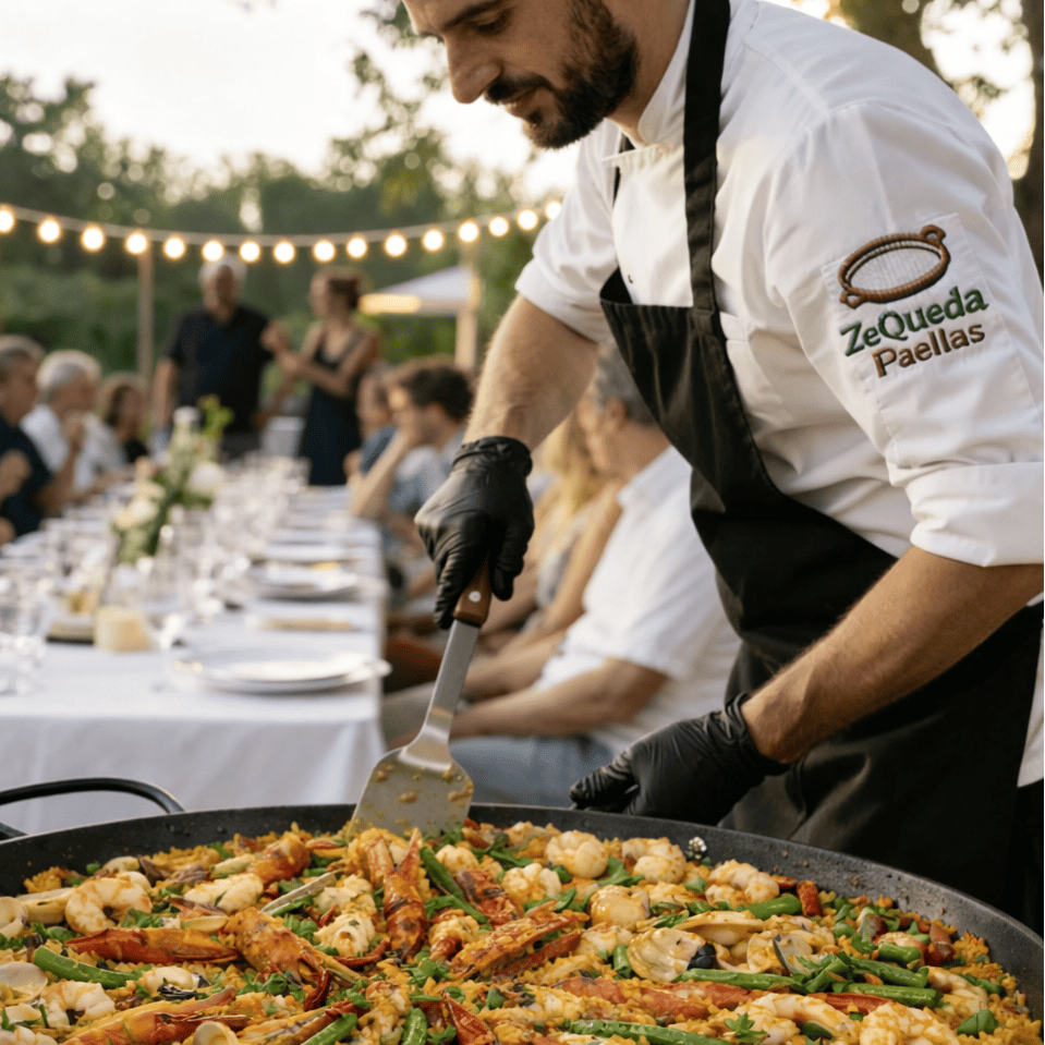 Chef profesional preparando paella Gourmet para el servicio de domicilios premium en Bogotá y Sabana Norte - ZeQueda Paellas