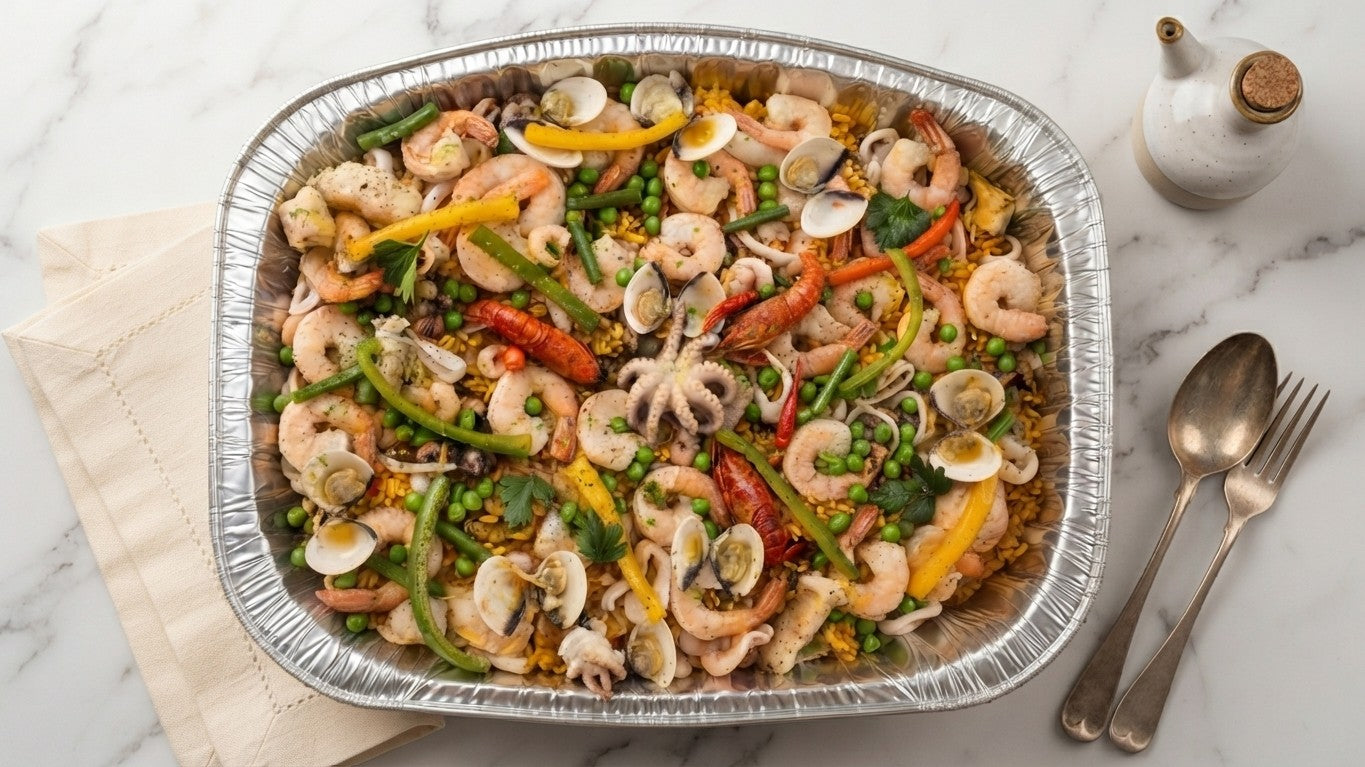 Paella Marinera de mariscos a domicilio en empaque para llevar en Bogotá y Cundinamarca de ZeQueda Paellas.