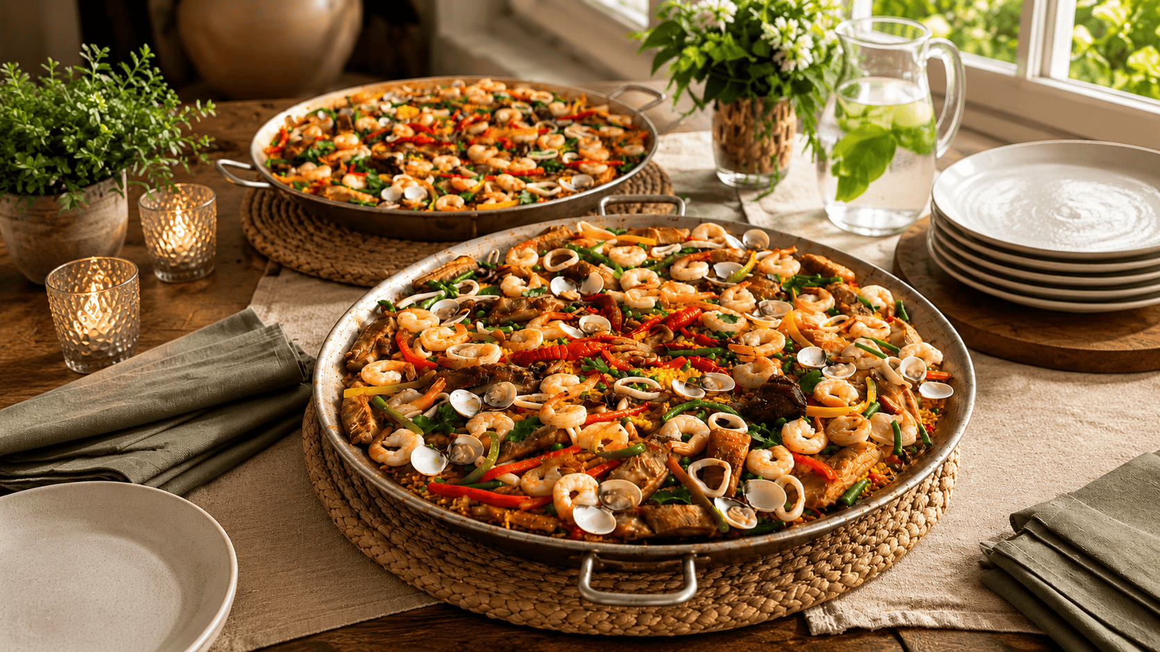 Dos paelleras de Paella Mixta para 40 personas con combinación de mariscos y carnes seleccionadas de ZeQueda Paellas.