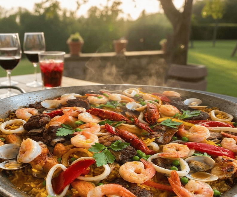 Paella Mixta gourmet ZeQueda con langostinos premium, lomo y pollo, preparada artesanalmente para domicilio en Bogotá y Chía.