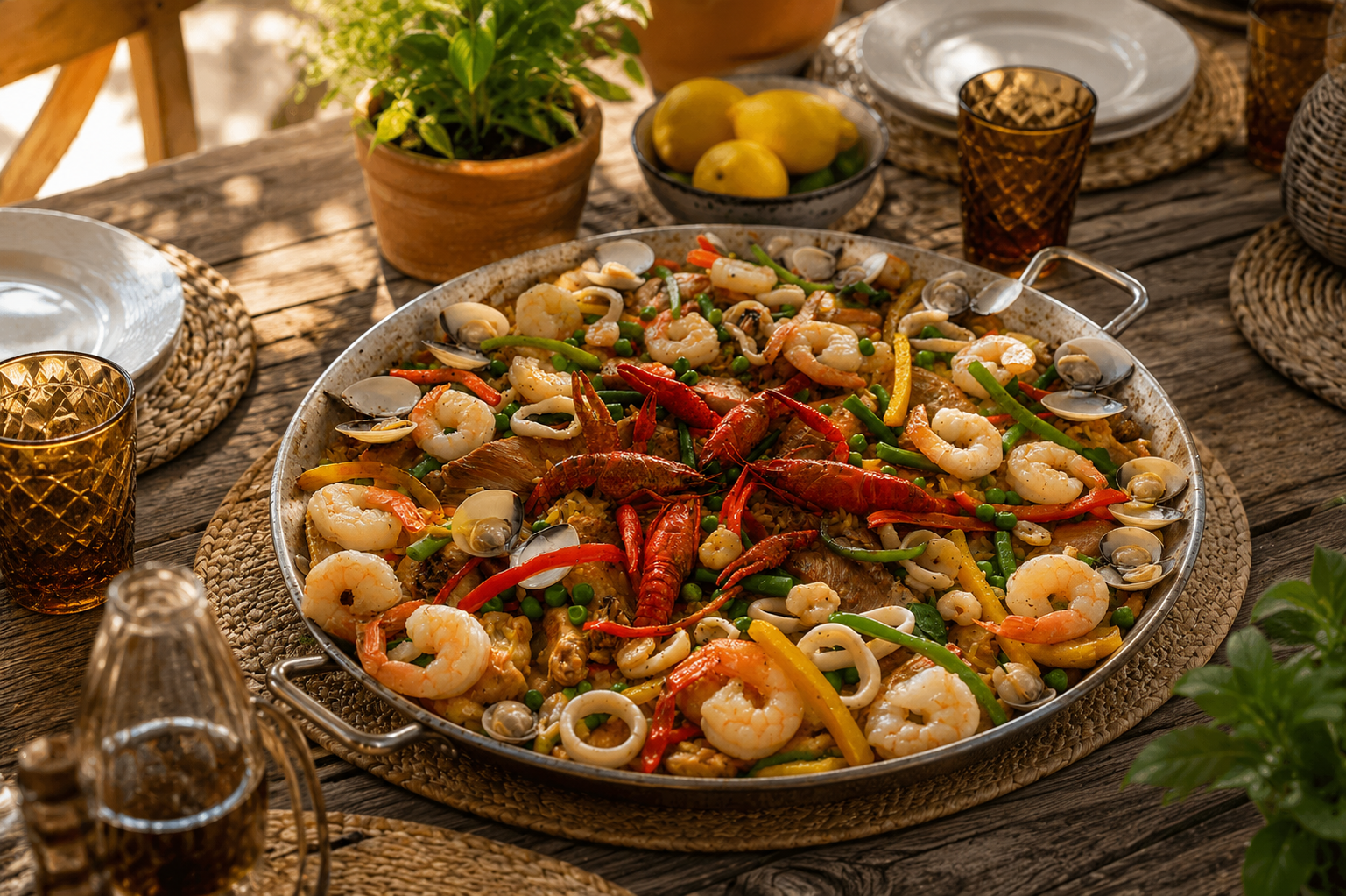 Paella Mixta gourmet en proceso de emplatado con insumos seleccionados de ZeQueda Paellas.