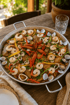 Paella gourmet servida, lista para disfrutar en celebraciones familiares en Bogotá y Chía. ZeQueda Paellas.