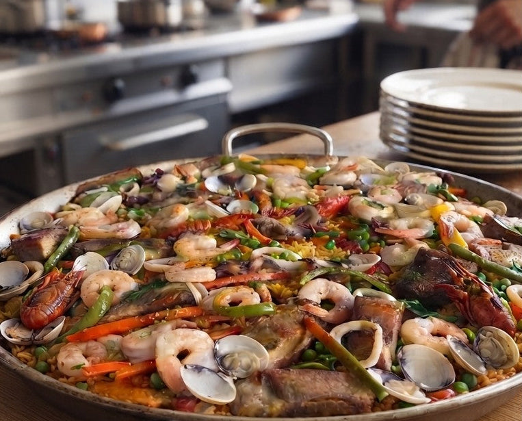 Paella Mixta gourmet recién elaborada en la cocina de ZeQueda Paellas.