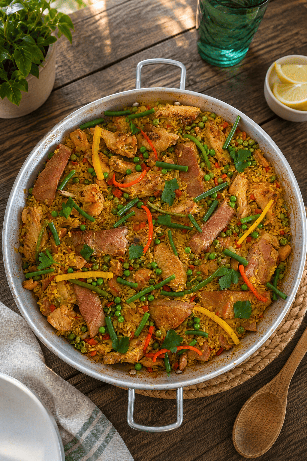 Paella Valenciana de carnes premium con selección exclusiva, sabor de alta cocina española a domicilio en Bogotá y Chía.