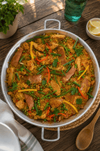 Paella Valenciana de carnes premium con selección exclusiva, sabor de alta cocina española a domicilio en Bogotá y Chía.