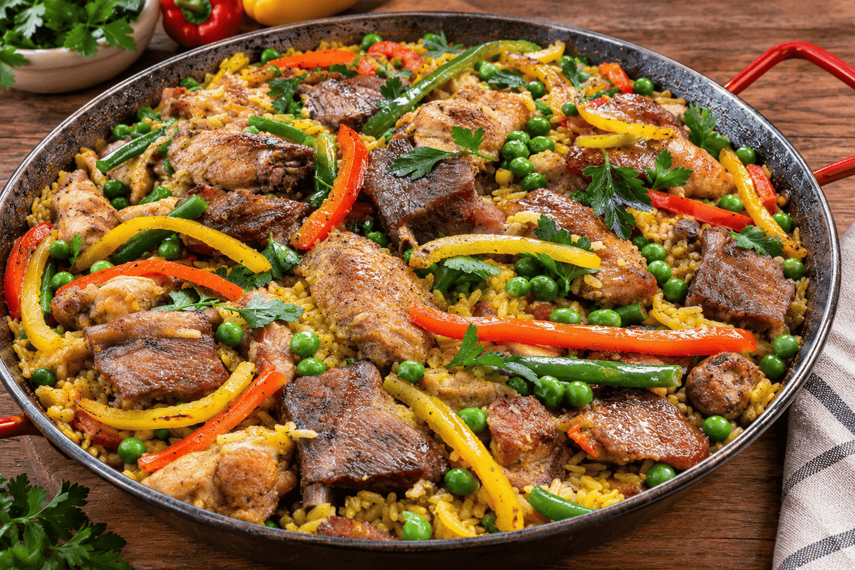 Paella de carnes ahumadas ZeQueda Paellas, lista para enviar a domicilio a Chía
