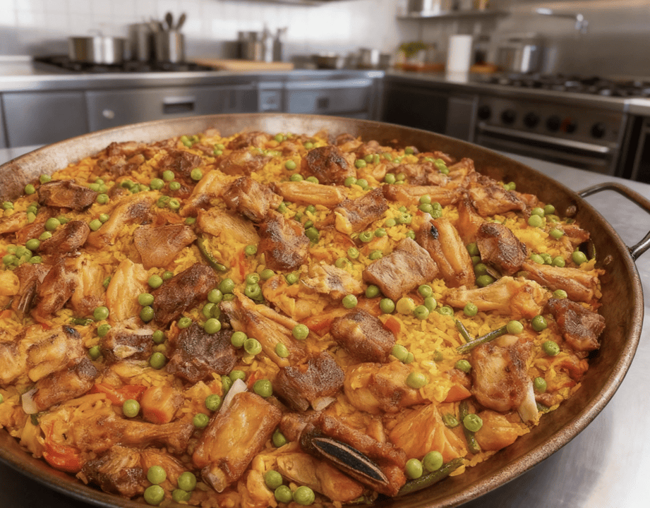 Paella de carnes ahumadas premium con costilla de cerdo, pollo, res,  y vegetales en cocina profesional preparada para domicilios en Bogotá  y sabana norte - ZeQueda Paellas.