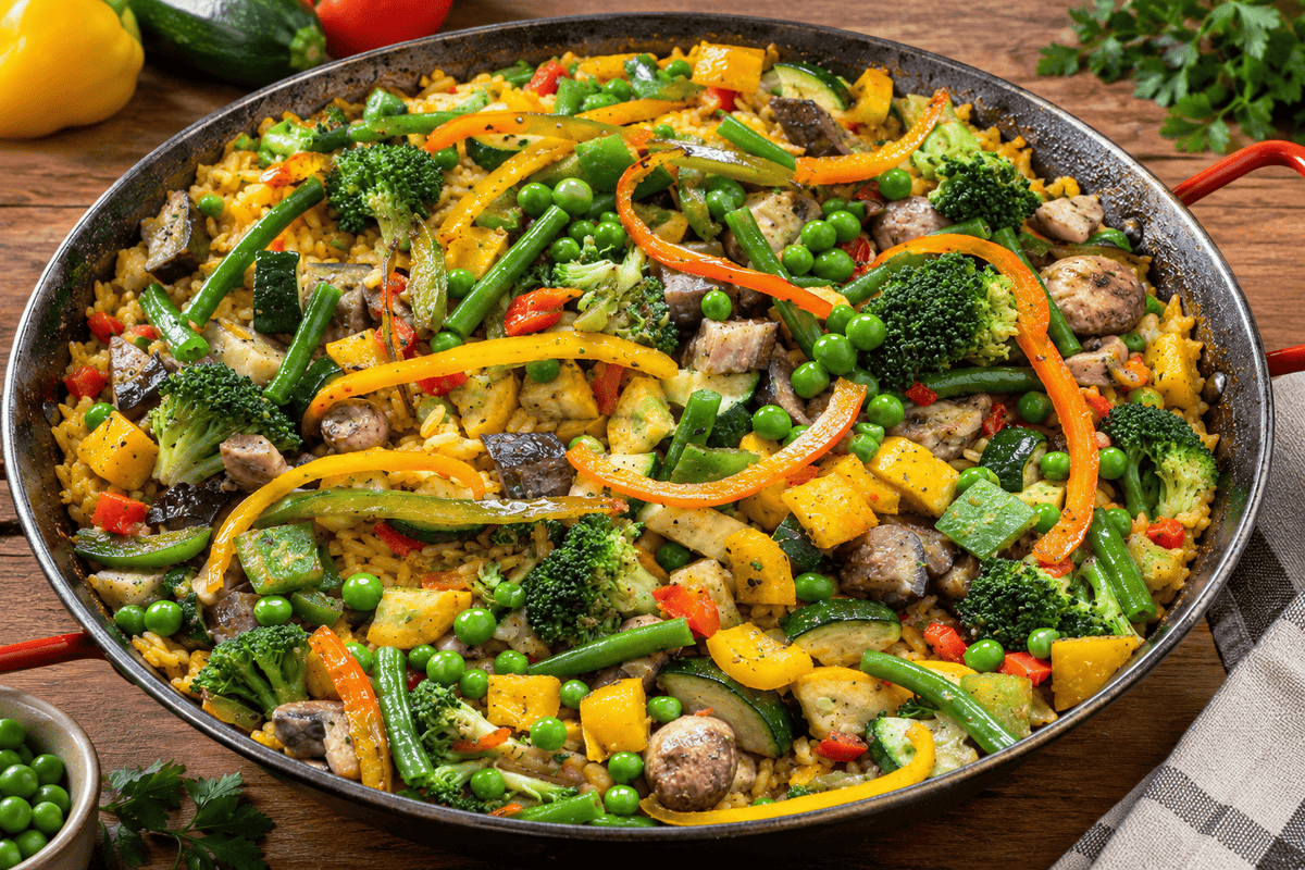 Paella del Huerto vegetariana recién preparada en paellera con vegetales frescos.