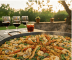 Paella Marinera ZeQueda con langostinos U26, anillos de calamar y pulpo baby, preparada con fondo de pescado artesanal para domicilio en Bogotá.