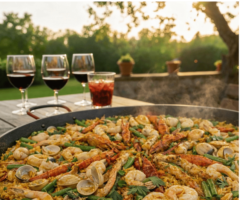 Paella Marinera ZeQueda con langostinos U26, anillos de calamar y pulpo baby, preparada con fondo de pescado artesanal para domicilio en Bogotá.