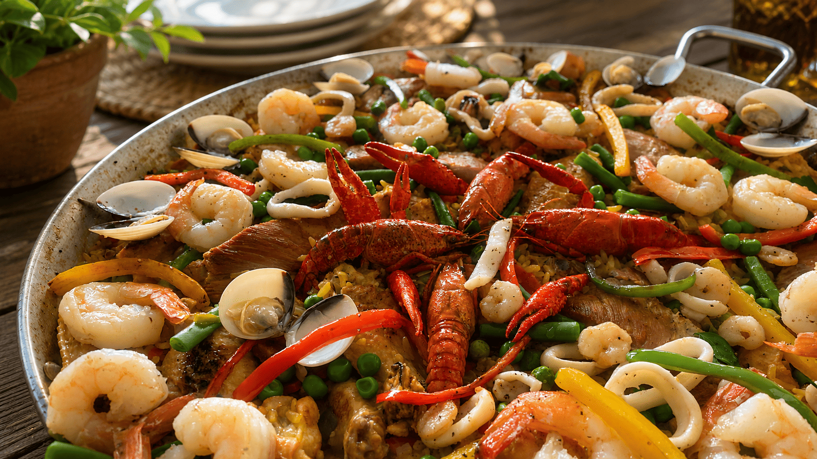 Paella Mixta Mar y Tierra gourmet con ingredientes premium, detalle de cocción artesanal para eventos en Chía y Bogotá.