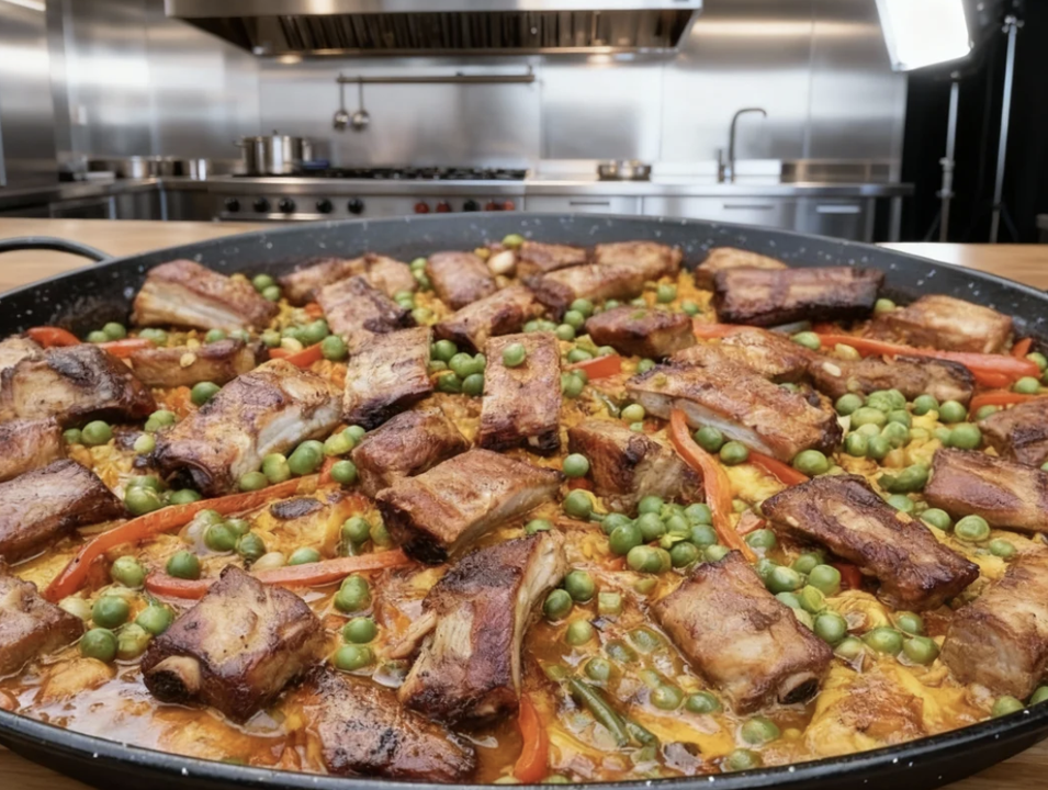Paella de carnes ahumadas ZeQueda con 4 horas de ahumado artesanal, lomo de cerdo, pollo y costilla, preparada sin embutidos para domicilio en Bogotá.