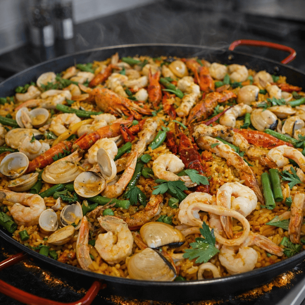 Paella marinera tradicional con mariscos y arroz sazonado para el blog Secretos de la Paella - Domicilios en Bogotá y Sabana Norte.