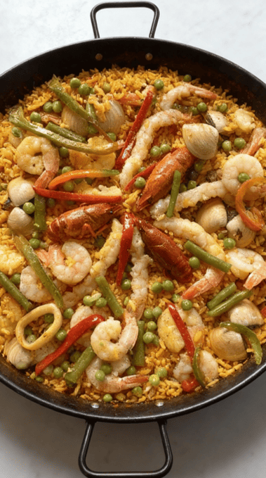 Auténtica Paella de Marisco fresca en Chía y Bogotá, receta marinera tradicional de ZeQueda sin carnes procesadas, lista para servir en eventos familiares.